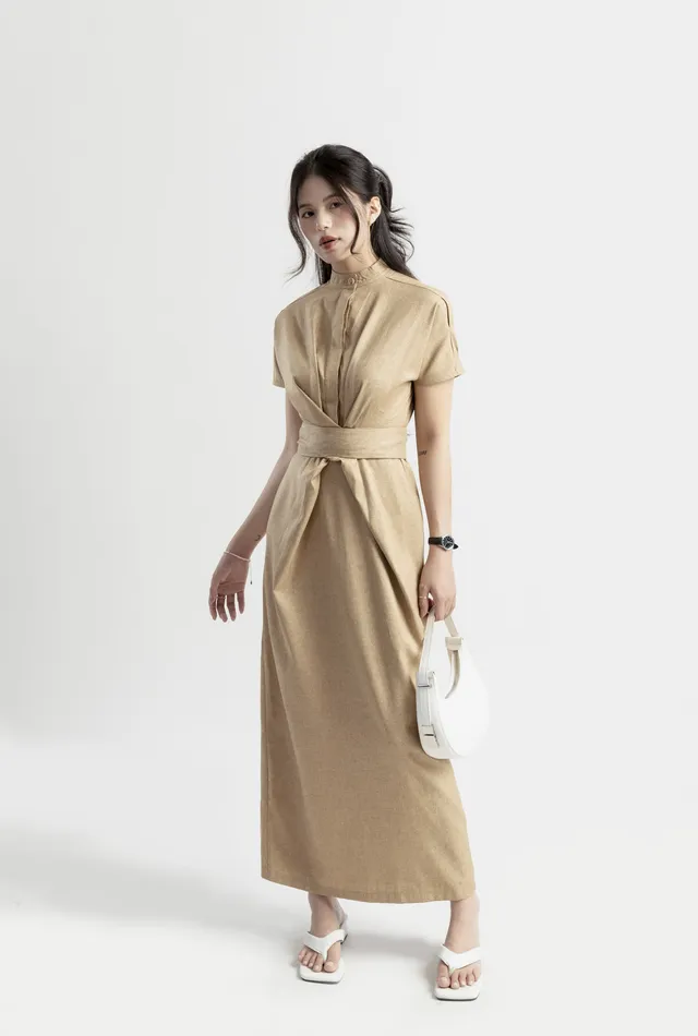 Váy đầm nữ chữ a cổ trụ tròn tay hến thắt dây eo tr220124a - Ảnh 2