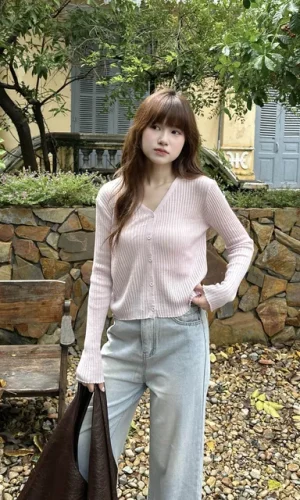 Áo dệt kim tay dài cadigan cổ tim 5 nút luh.t01