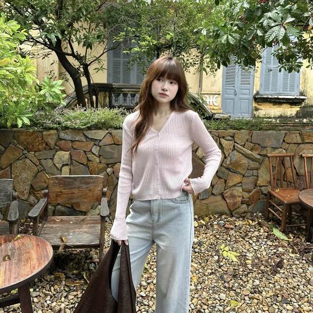 Áo dệt kim tay dài cadigan cổ tim 5 nút luh.t01
