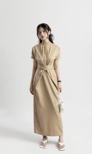 Váy đầm nữ chữ a cổ trụ tròn tay hến thắt dây eo tr220124a