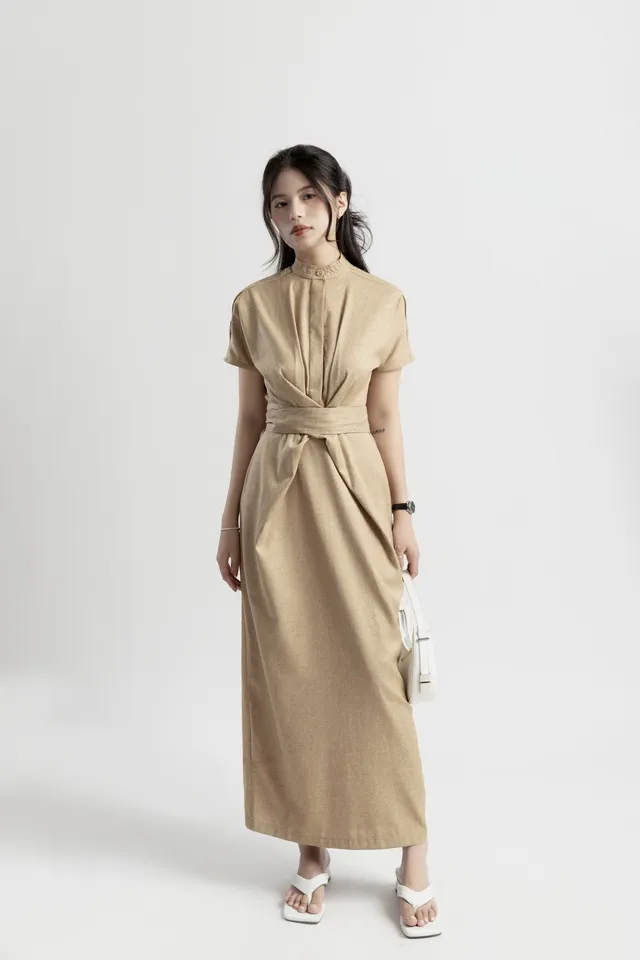 Váy đầm nữ chữ a cổ trụ tròn tay hến thắt dây eo tr220124a