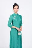 BDA50156 - Áo dài truyền thống vải tơ dáng ôm hai tà cổ tàu tay dài thân áo đính ngọc tạo kiểu - Ảnh 37